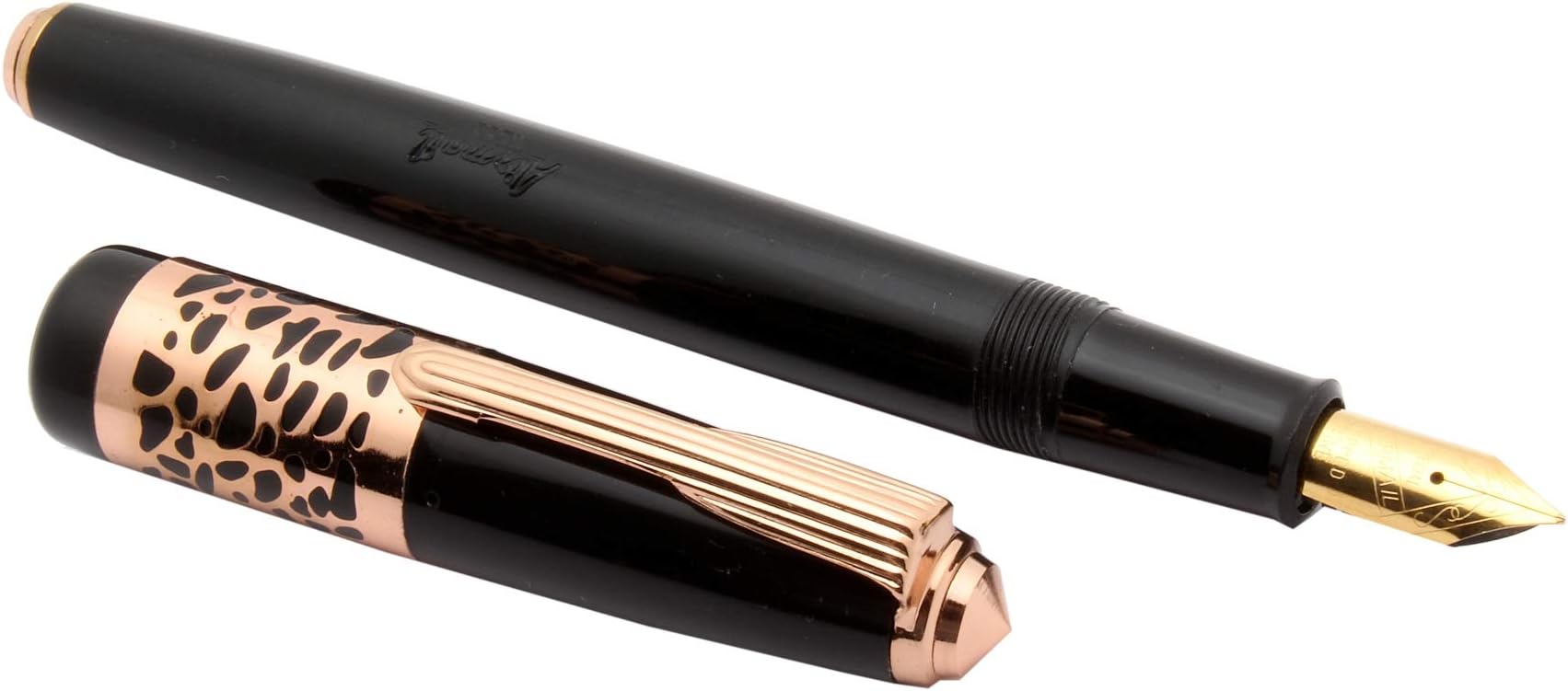 Airmail Leopard Fountain Pen Acrylic Eyedropper Rose Gold Trims Fine Nib - Black