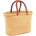 African Market Basket, Large Oval Woven Straw Basket with Handle Fair Trade Storage Organizer