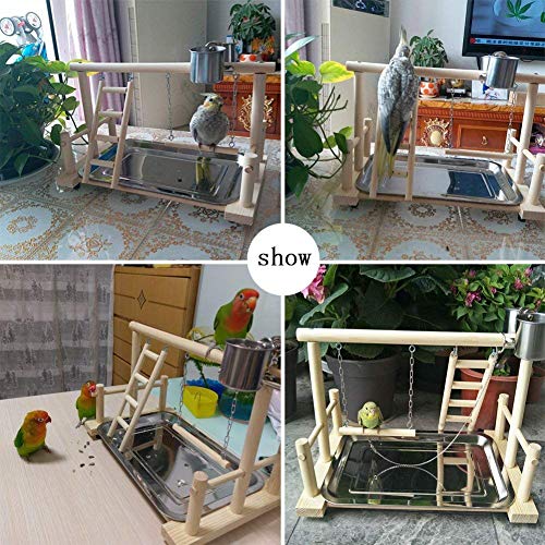 Borange Parrots Playstand Bird Playground Wood Perch Training Stand Cockatiel Playpen Ladders Birds Swing Wood Gym Tabletop with Feeder Cups Toys Exercise Play (Design A) - Thumbnail 7