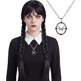 Miss U Hair Gothic Long Black Braided Costume Wig with Bangs for Women | Center Part, Twin Pigtail Braids, Full Fringe, W Pendant Necklace, Spooky Costume Looks