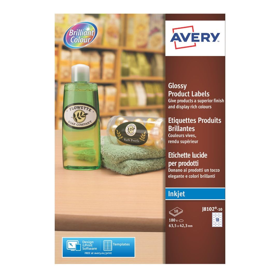 Avery Printable, Customisable Oval Glossy Labels, 18 Labels Per A4 Blank White Sheet, 10 Printer Sheets per Pack - J8102-10