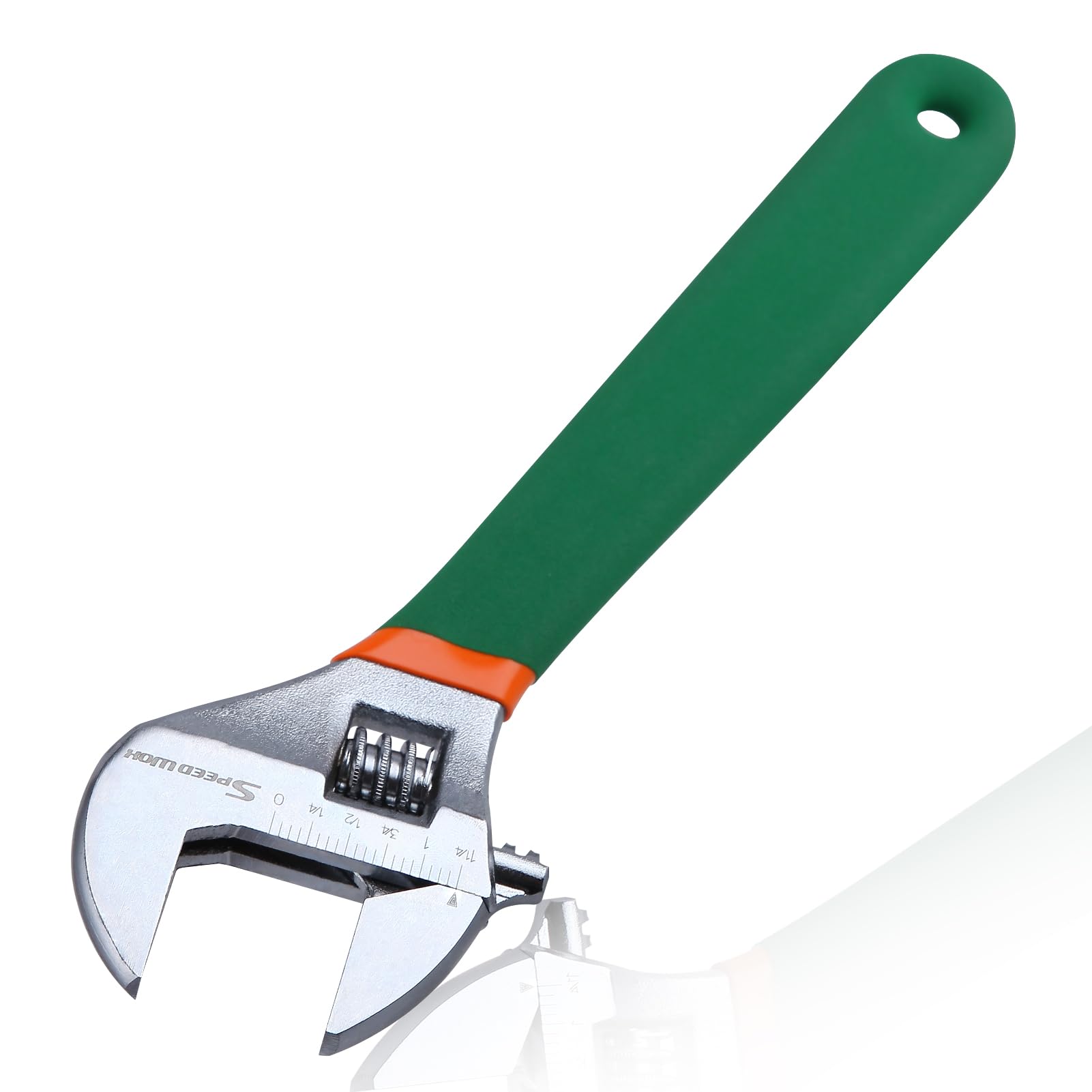 SPEEDWOX 10 Inch Adjustable Wrench, Orange & Green, Carbon Steel, Chrome Plated, 10" Max Opening 1-1/4", Anti-Slip Grips, Laser-Etched SAE Scales, Home Garage Workshop DIY