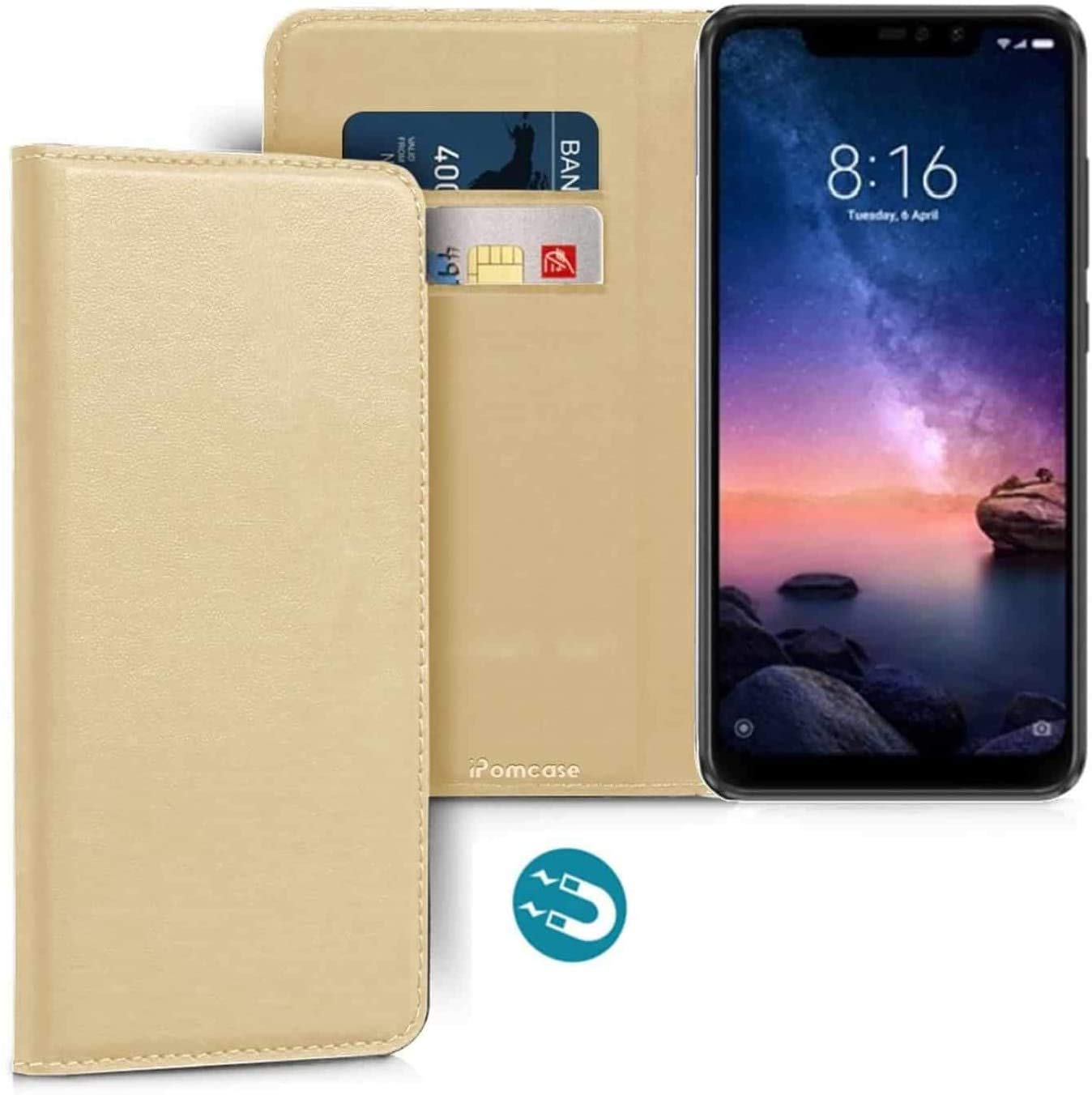 iPOMCASE Coque Porte Carte pour Xiaomi Redmi Note 6 Pro, Doré