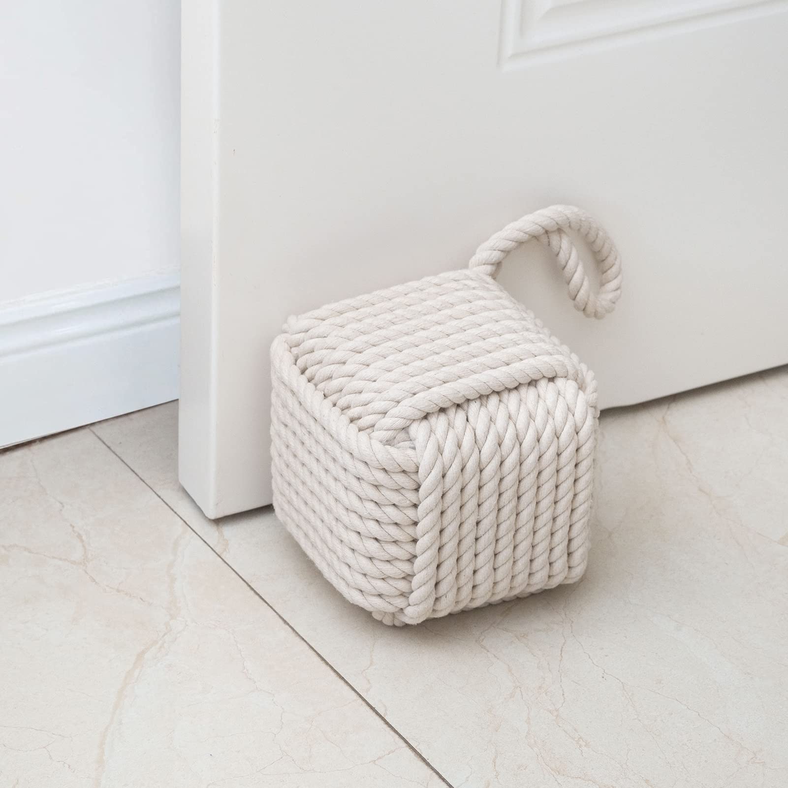 Photo 1 of Marwood Rope Knot Door Stops Decorative Nautical Door Stopper Handmade with Handle, Weighted Interior Square Doorstop Sailor Knot for Door and Window - Beige (5"x5", 4.4lbs)