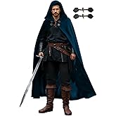 Pikpops Velvet Renaissance Hooded Cloak with Lining & Horn Button, Medieval Viking Cape Robe for Men Women Halloween Costume