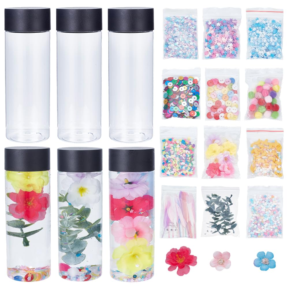 OLYCRAFT 6Pcs Sensory Bottle Kits 400ml Empty Plastic Sensory Bottle with Lids Accessories Round Clear Plastic Water Bottles Reusable Bottles for Handmade Party DIY Crafts