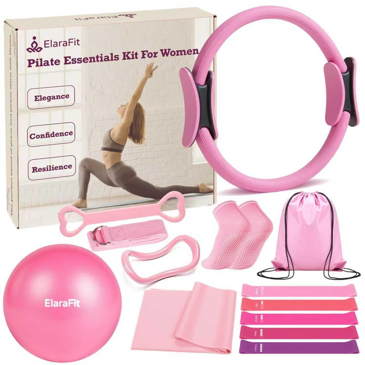 Photo 1 of ElaraFit Home Pilates Kit for Women Pink Pilates Equipment Ring and Ball Set Magic Circle Hoop with 5 Resistance Bands Compact Toning Fitness Essentials Starter Set Accessories