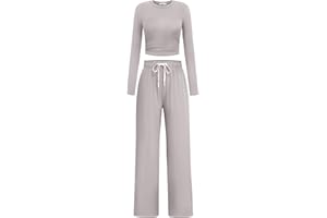 PINSPARK Women 2 Piece Lounge Set Long Sleeve Cropped Top Wide Leg Pants with Pockets 2024 Fall Outfits Matching Tracksuit