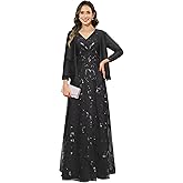 MCOLLNAS 2 Pcs Mother of The Bride Dresses for Women Aline Sequin Tulle Formal Dress with Jacket Long Sleeve
