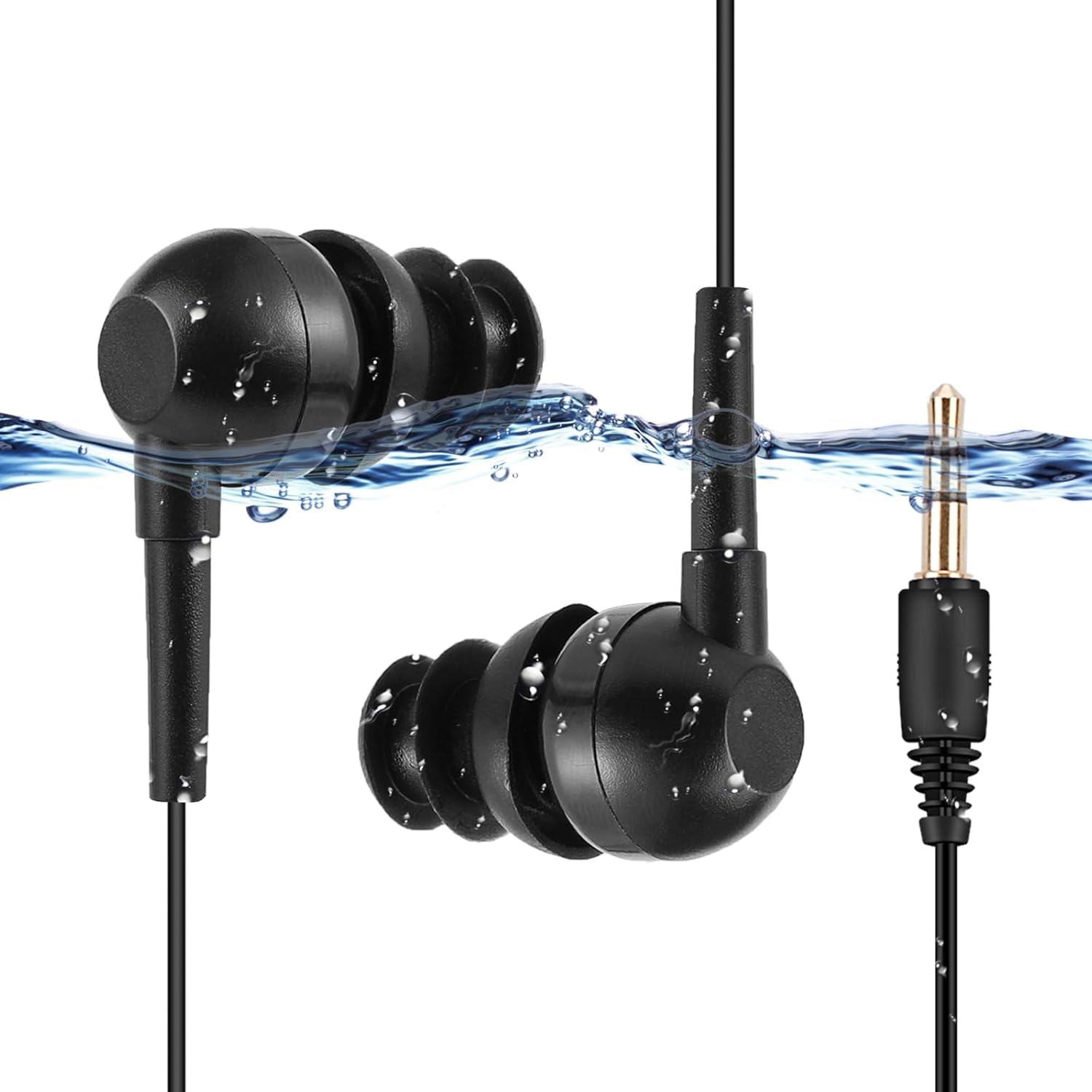 Photo 1 of AGPTEK IPX8 Waterproof in-Ear Earphones, Coiled Cable Swimming Earbuds with Stereo Audio Extension Cable, Wired,Black