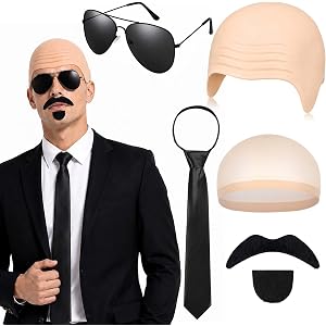 Bald Cap Costume Set Mustache Sunglasses Tie Hip Hop Music Singer Rap Artist for Adult Halloween Festival Concert Cosplay