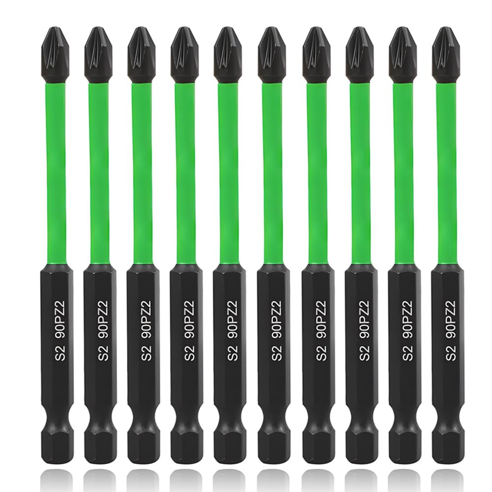 Saipor 10-Piece 90mm Long PZ2 Magnetic Impact Screwdriver Driver Bits Set, POZI No.2 Screw Driver Drill Bits, S2 Steel Pozidriv Screwdriver Bit Set, 1/4 Inch Hex Shank Impact Driver Bit