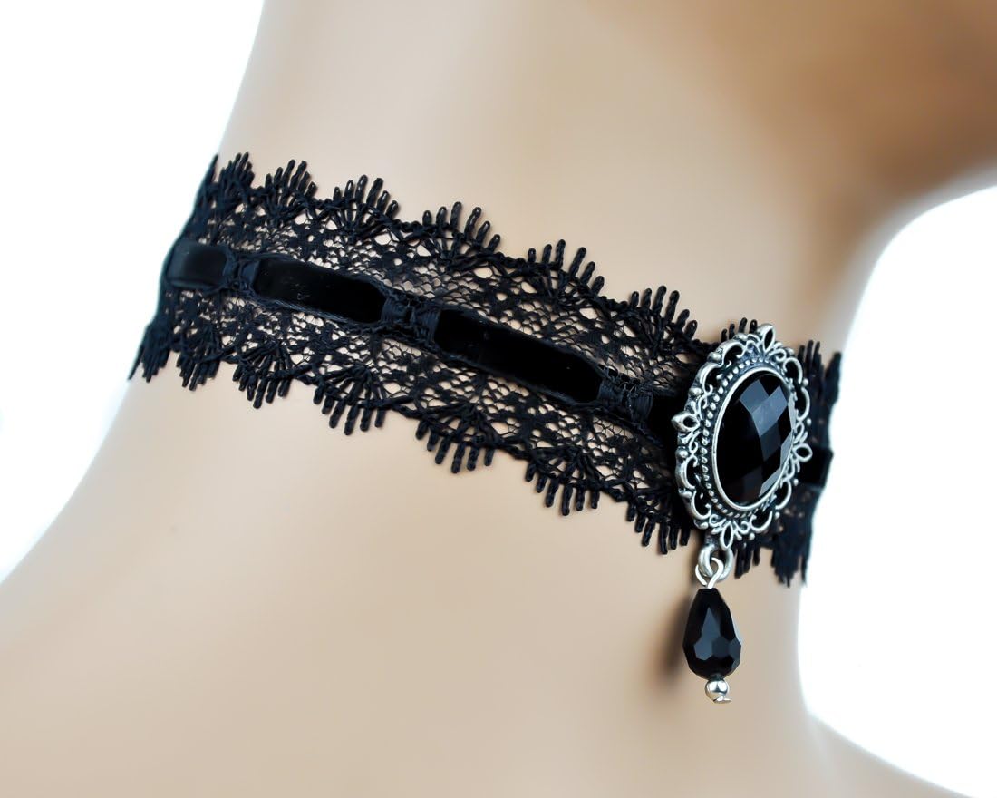 Black Victorian Lace Choker with Black Stone & Velvet Ribbon