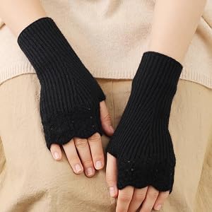 Women’s Knit Fingerless Gloves, Short Lace Crochet Wrist Warmers, Acrylic Knitted Half Finger Gloves for Winter
