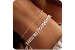TONTMY STUDIOS Bracelet for Women Gold Layered Set 14K Gold Filled Stackable Bracelets Trendy Figaro Satellite Chain Cuban Link Minimalist Dainty Bracelet Tennis Bracelet Jewelry
