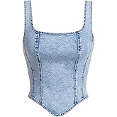 Milumia Women's Square Neck Sleeveless Corset Denim Top Asymmetrical Zip Up Back Crop Tank Tops