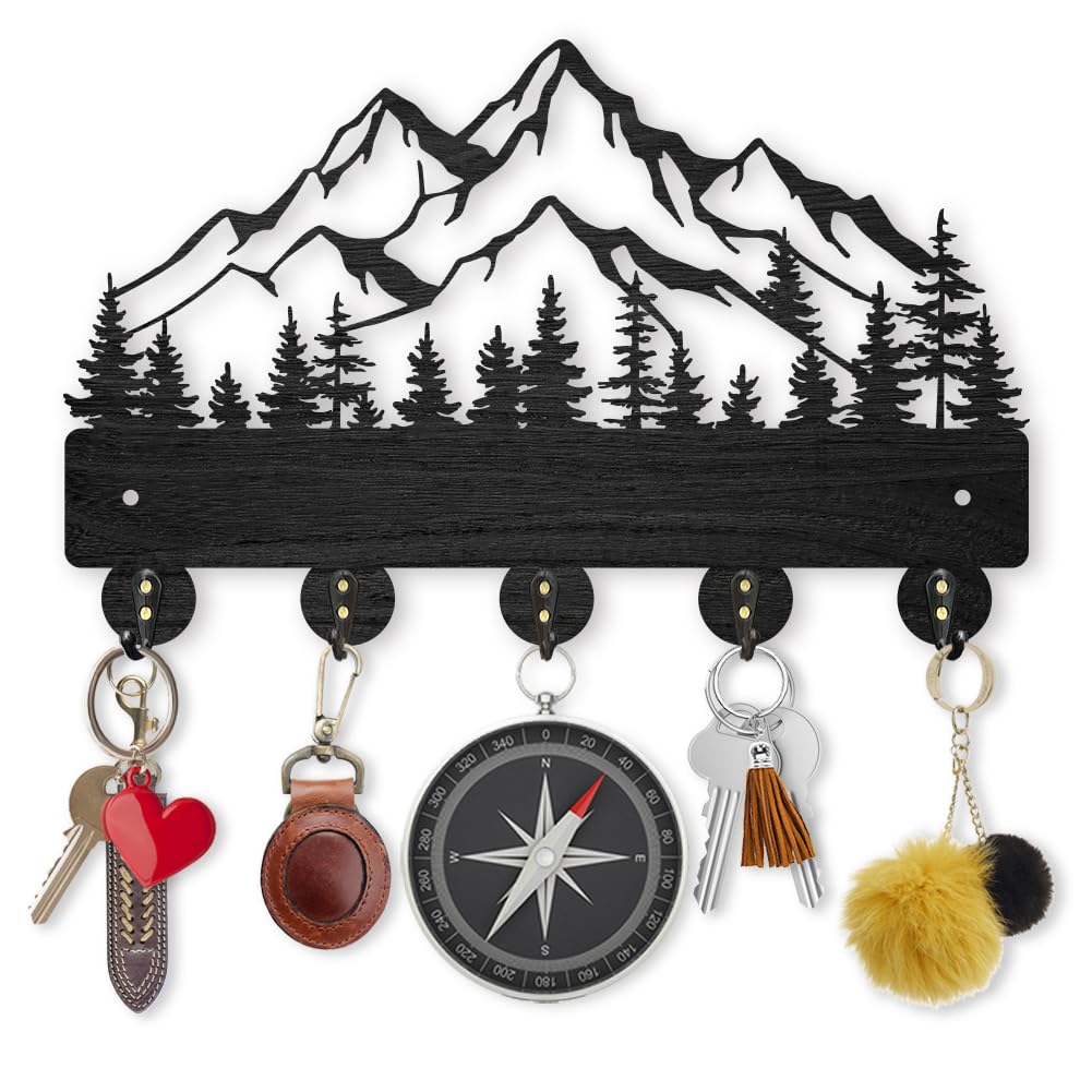 MAYJOYDIY Wood Mountain Forest Key Holder, Wall Mount, 30x19cm, 5 Alloy Hooks, Landscape Design, Home Decor, for Entryway Kitchen Hallway