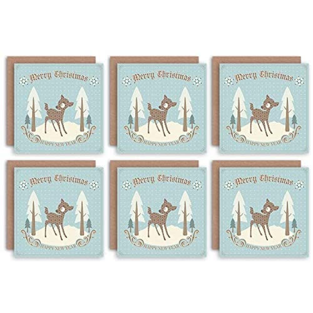 Wee Blue Coo Christmas Cards 6 Pack - Vintage Baby Reindeer Kids Set Xmas Cards