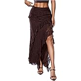 Milumia Women's Lace Ruffle Trim Skirt High Waisted Split Hem Asymmetrical Maxi Skirts