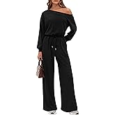 PRETTYGARDEN Long Sleeve Jumpsuit For Women Dressy 2026 Off Shoulder One Piece Loose Wide Leg Jumpsuits Casual Flowy Romper