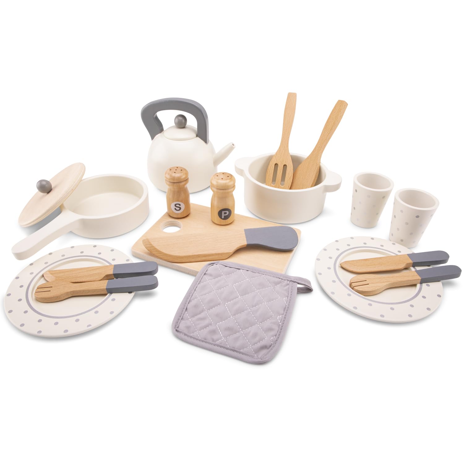 Woet® Wooden Toy Dinner Set for Kids - 20 Pieces with Pot, Pan, Kettle, Plates and Cutlery - Pretend Play Tableware Set - Role Play Kitchen Toy - Age 2 Years+