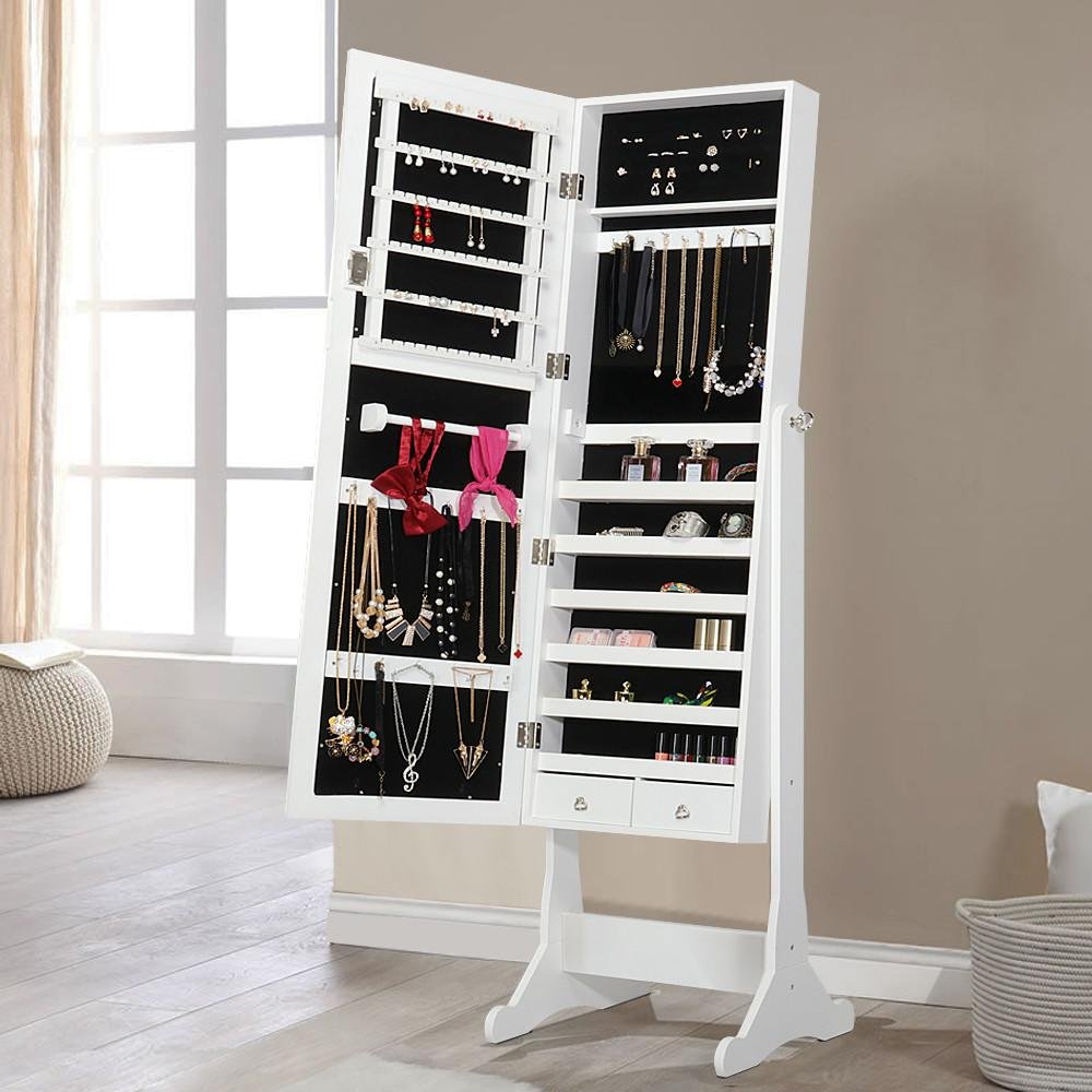 Popamazing Jewellery Cabinet Free Standing Lockable Large Storage Capacity Full Length Mirror Jewelry Armoire 47x38x150.5 cm/18.5x15x59.3’’ (LxWxH)