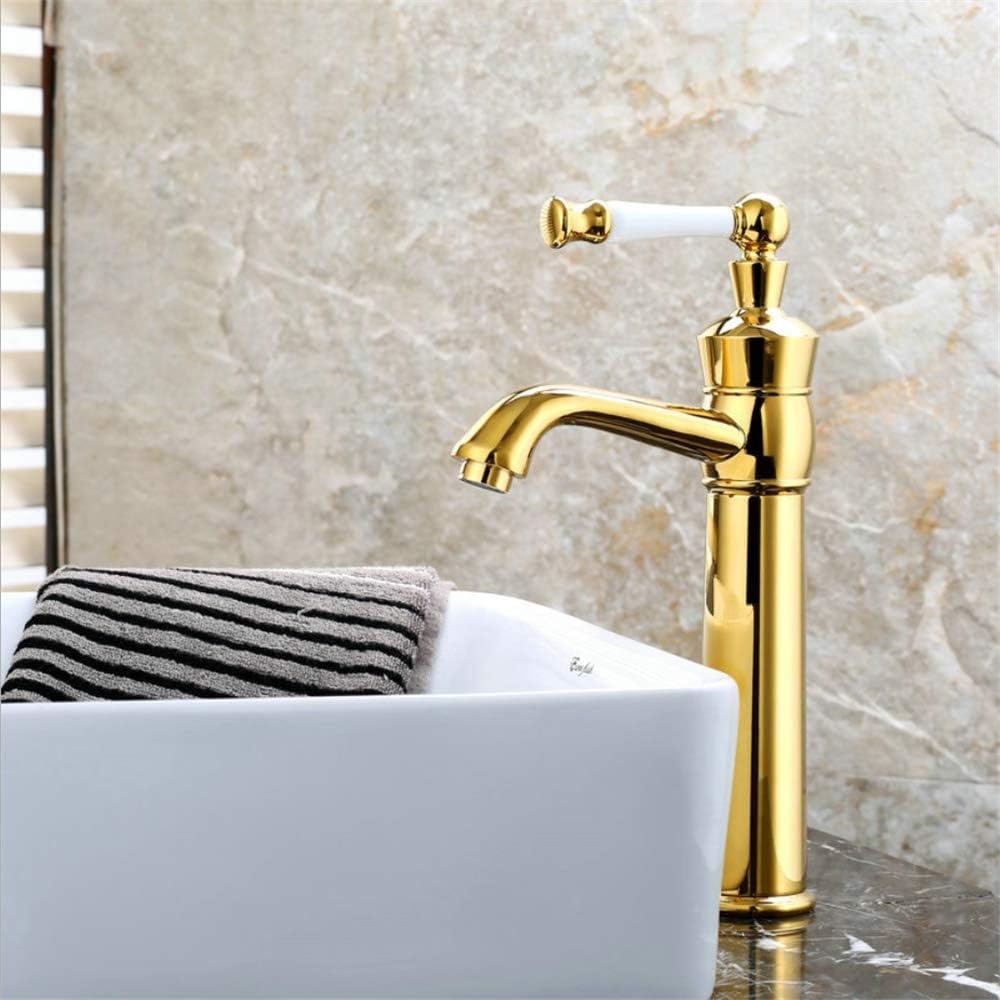Bathroom Taps, Tall Basin Faucet Sink Mixer Tap, Golden Ceramic Handle Single Handle Hot and Cold Water Heightened Style All Copper