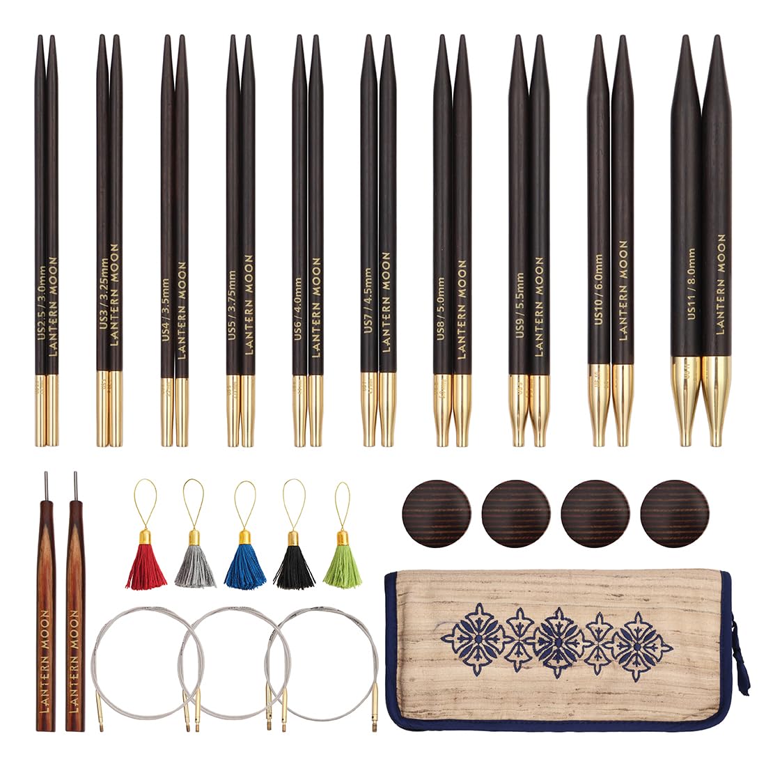 Lantern Moon Interchangeable Knitting Needles – 10 Pairs of 10cm 4” Tips – 3 Swivel Cords 60,80,100cm – End Caps, Stitch Markers - Khadi Silk Zippered Case, Ebony