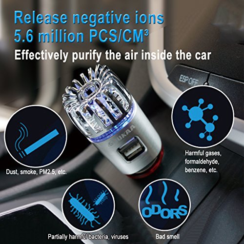 SUUKAA 2 in 1 Negative Ion Car Air Purifier with 2 USB Ports,Air Cleaner Freshener Refesher for 12V Vehicle,Effectively Remove Bad Odors,Smoke,Dust,Pollen,Pet Smell,Food Smell,Bacteria,Aller