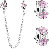 Doyafer 925 Sterling Silver Clips Charms Safety Chain Set Pink Flower Clip Bead Chain Charms For Bracelets Women Beads Friends family