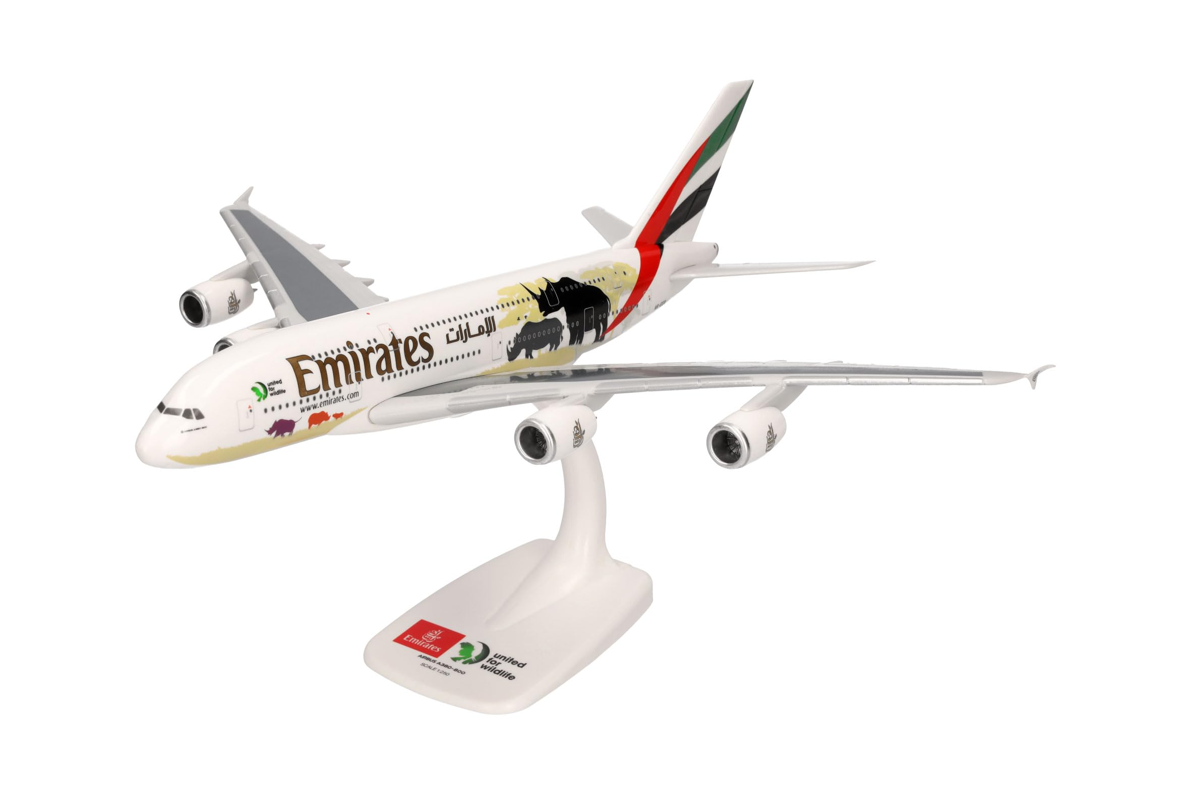 Herpa Snap-Fit airplane model Emirates Airbus A380 "United for Wildlife", on a scale of 1:250, plastic miniature with pedestal, collectors edition
