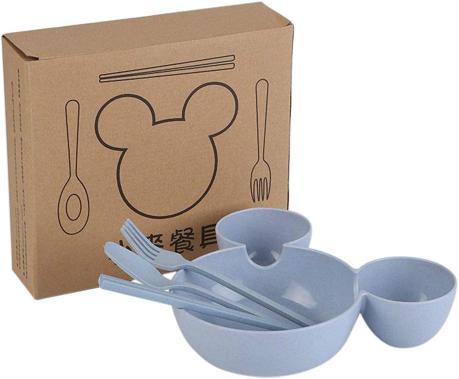 Loveablely 4 Set Wheat Stalk Plates With Dividers, Fork, Spoon, Chopsticks For Kids Feeder Sets, Plate