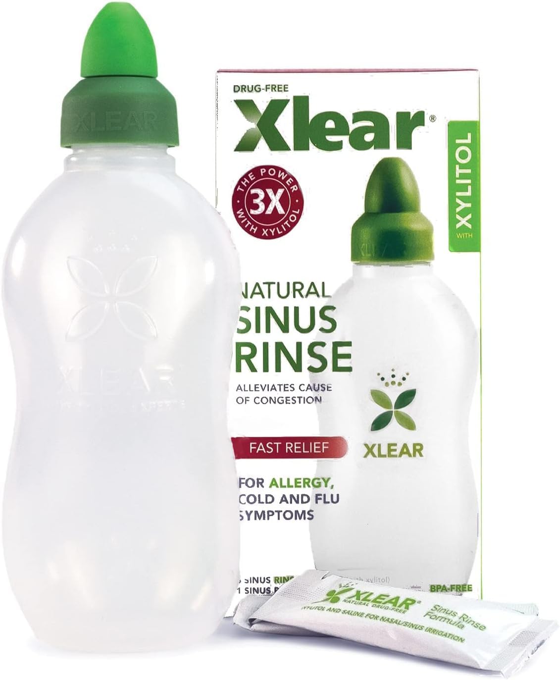 Xlear Natural Xylitol Nasal Irrigation System with 6 Saline Packets and 1 Sinus Rinse Bottle - Nose Cleaner (Pack of 1)