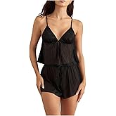 OYOANGLE Women's 2 Piece Pajama Set Sheer Split Hem Cami Top and Shorts Pjs Lingerie Sleepwear