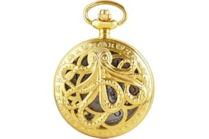 Dentily Vintage Octopus Hollow Quartz Pocket Watch Steampunk Black Pocket Watch with Necklace Chain Gift