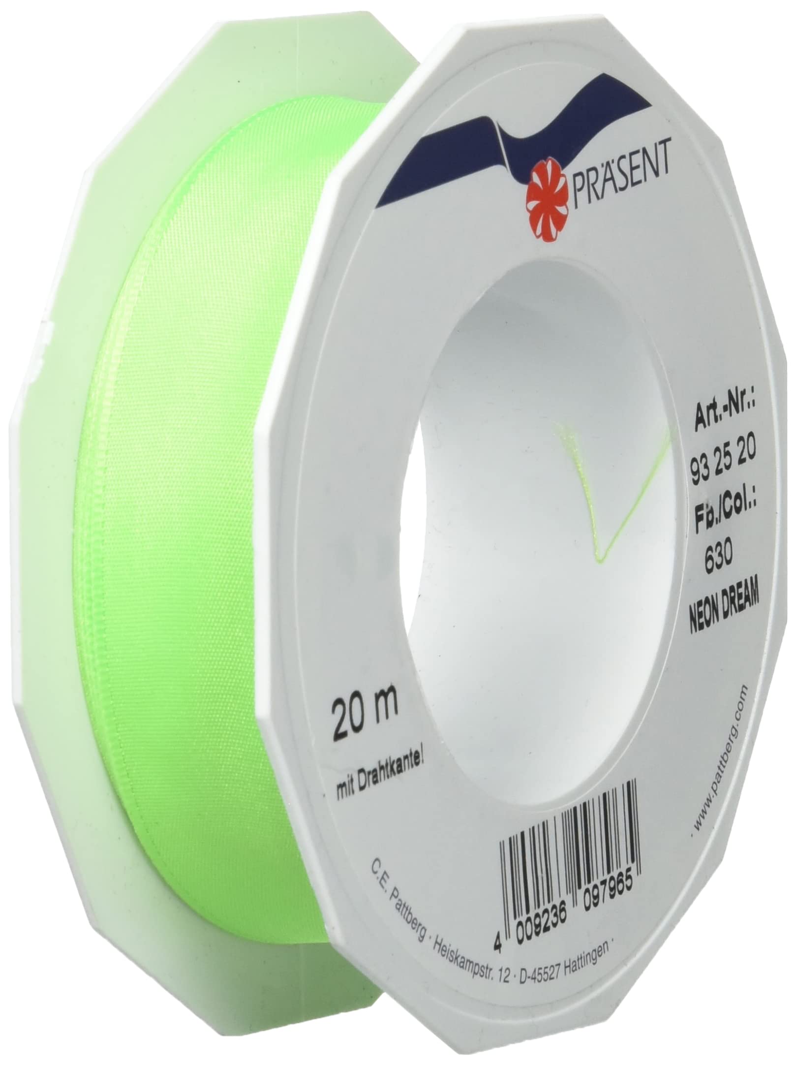 C.E. Pattberg NEON DREAM Wired Edge Taffeta Ribbon in lime (green), 22 Yards Bow Ribbon for Colourful Presents, 1 inch width, for Gaudy Gift Wrappings, Decorations & other Adornments