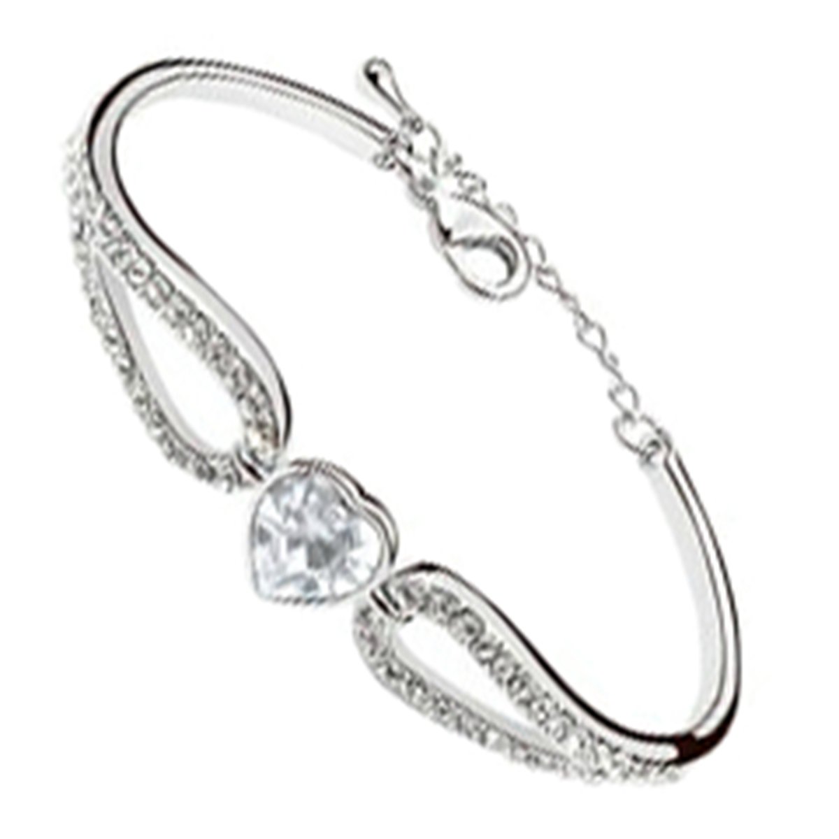 GWG Jewellery Bracelet 925 Sterling Silver Coated Diamond Clear Heart Crystal Hold with Cuff Bands Embellished with White Sparkling Stones Love in Gift Box for Women