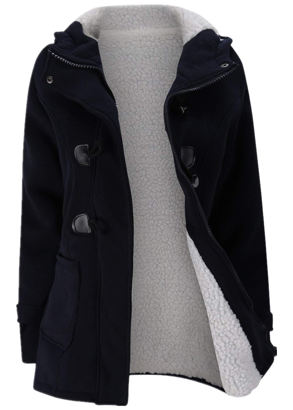 Photo 1 of JiangWu Womens Fashion Horn Button Fleece Thicken Coat with Hood Winter Warm Jacket (X-Large, Dark-blue)