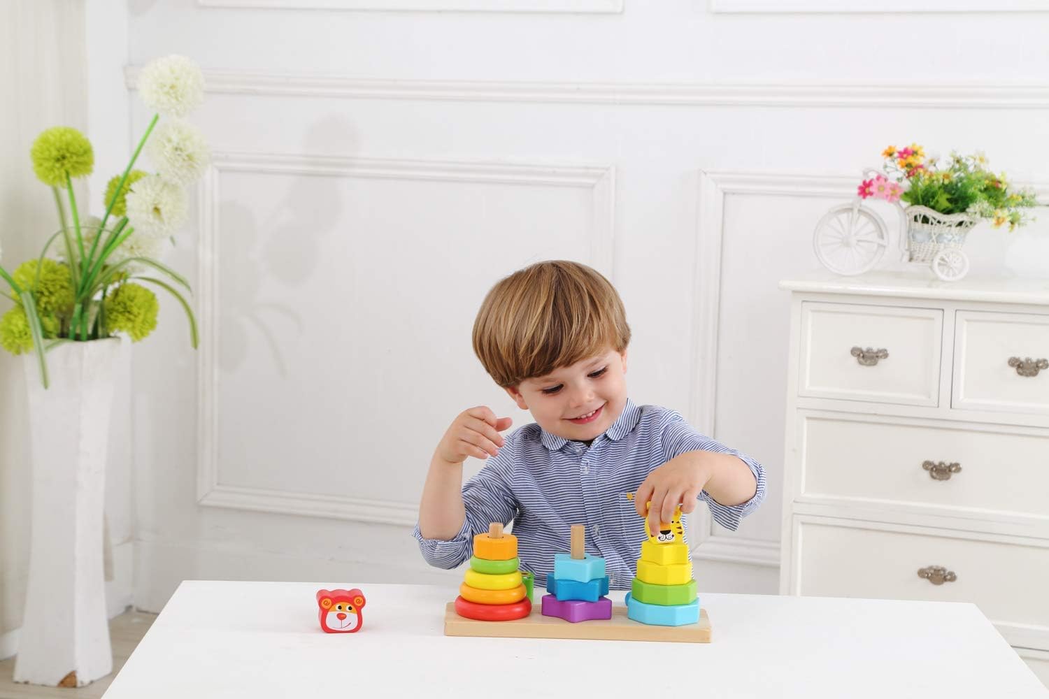 Wooden Toys Wooden Stacking Toys – Baby Stacking Toys – Stacking Rings with Lion, Dog and Frog Head – Designed for Cognitive and Fine Motor Skills Development – Classic Stacker for 2 Year Olds - Image 4