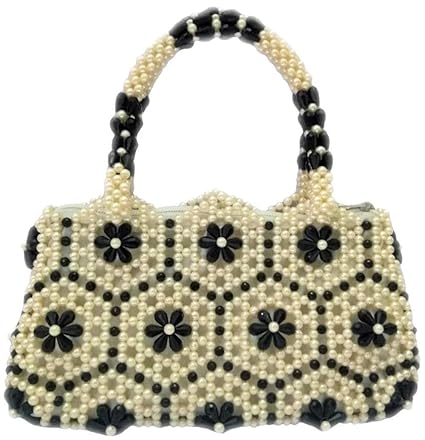 Rosy Black and White Hand Held Handbag with Beads