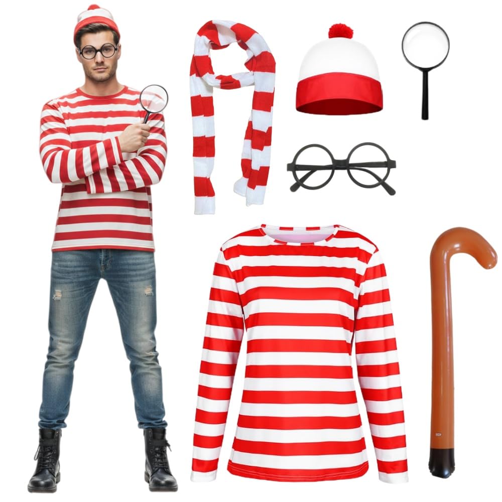 Zynthytic Red and White Striped Halloween Costume Long Sleeve Adult Shirt with Hat Glass Stocking Inflatable Crutches and Scarf (Men, L)