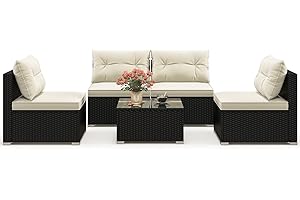 Tangkula 5 Piece Rattan Sofa Set, Patiojoy Outdoor Wicker Furniture Set with Seat & Back Cushions, Square Coffee Table, Patio Sectional Sofa Set for Backyard, Poolside, Garden