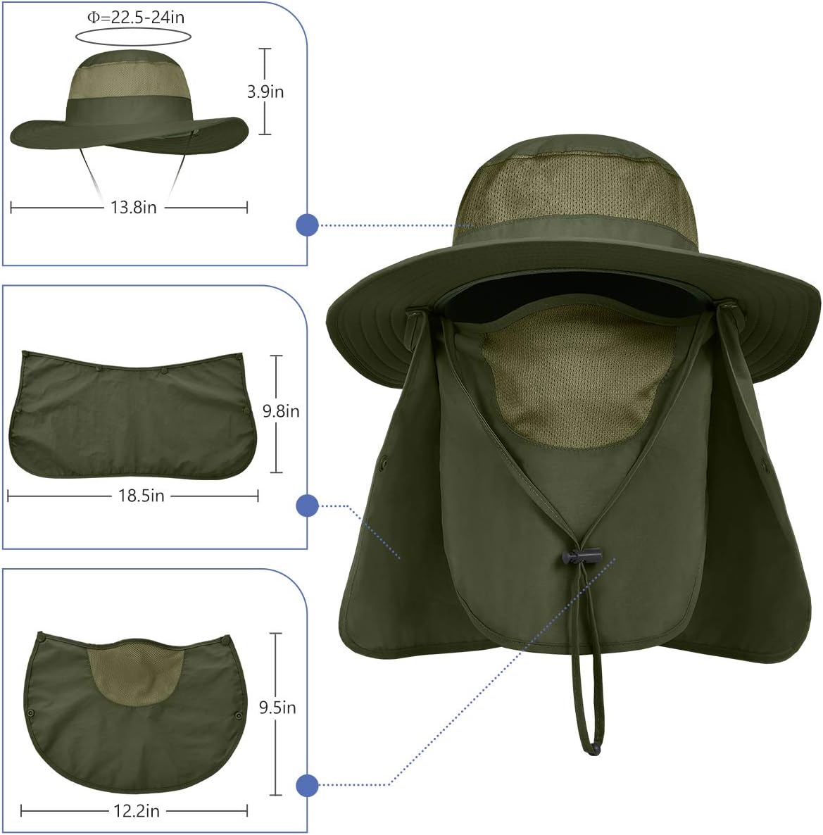 LCZTN UPF 50+ Sun Protection Cap Wide Brim Fishing Hat with Face & Neck Flap Army Green : Clothing