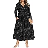 CARCOS Plus Size Dresses for Curvy Women V Neck Fall Maxi Dress Long Sleeve Floral Boho Dress Smocked Waist Party Dress