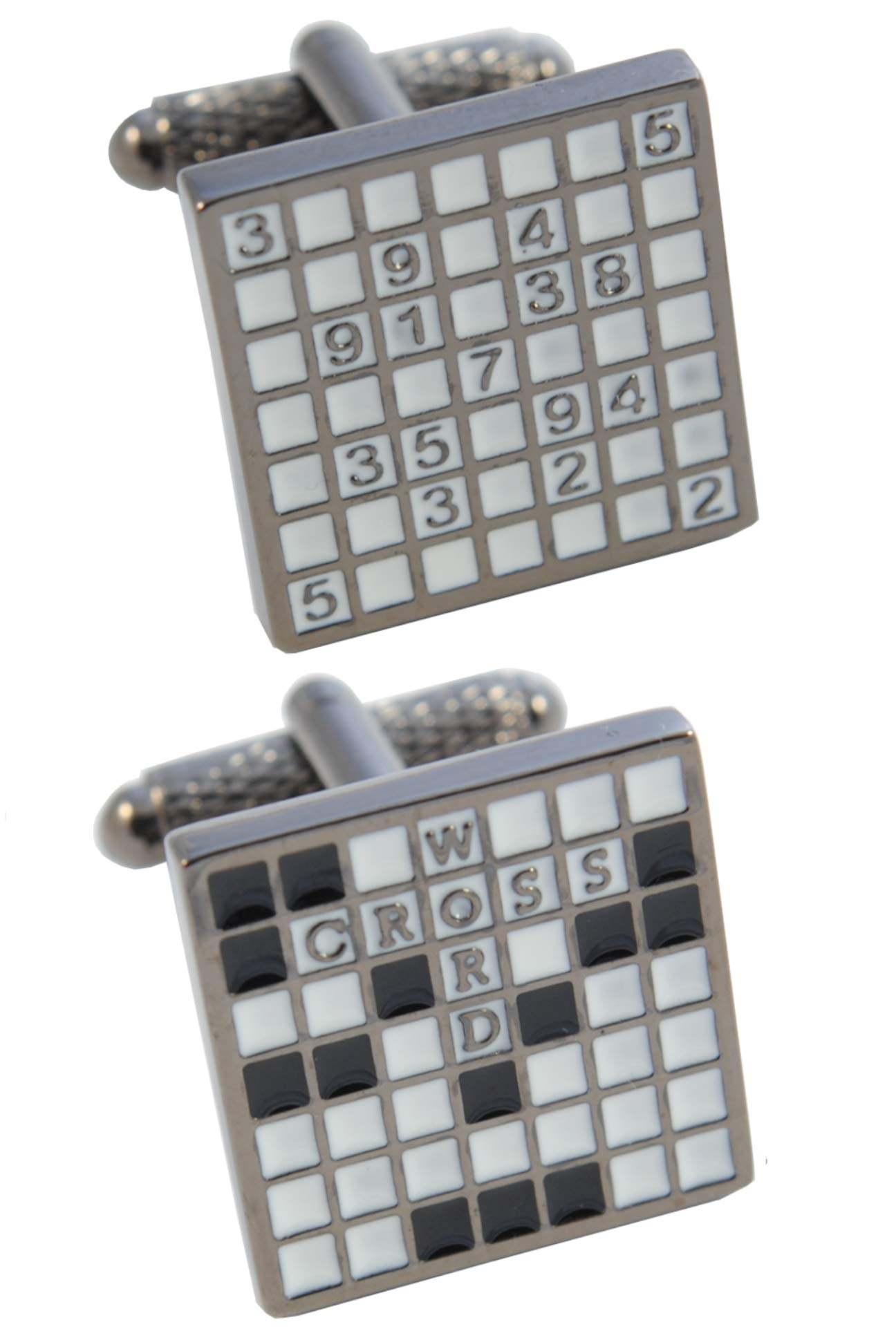 Cufflinks for Men + Presentation Box - Fun - Sudoku and Crossword Puzzle - Brass Metal - Game Numbers Words Letters - Silver Black and White Colours - One Pair