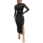 Caracilia Womens Mesh Dress Long Sleeve Mock Neck Bodycon Sheer Going Out Cocktail Night Club Midi Dresses 3 Piece Outfits