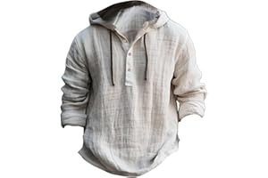 GENERIC Cotton Linen Shirts for Men Hoodie Tops Casual Lightweight Long Sleeve Henley Beach Shirt Loose Hawaiian Hippie Shirt
