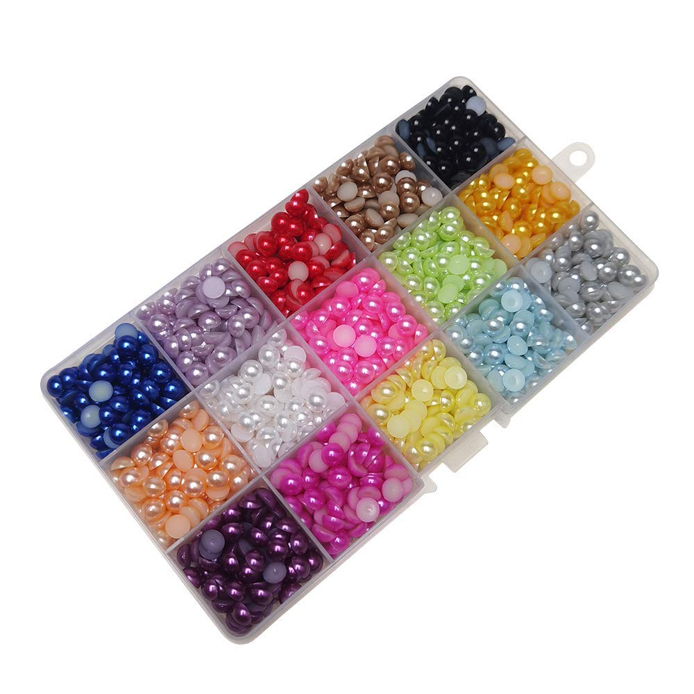Chenkou Craft 1800pcs Assorted 15 Colors 7mm Immitation Half Pearl Bead Flat Back Scrapbook Craft DIY Beads + Plastic Box (Mix, 7mm)