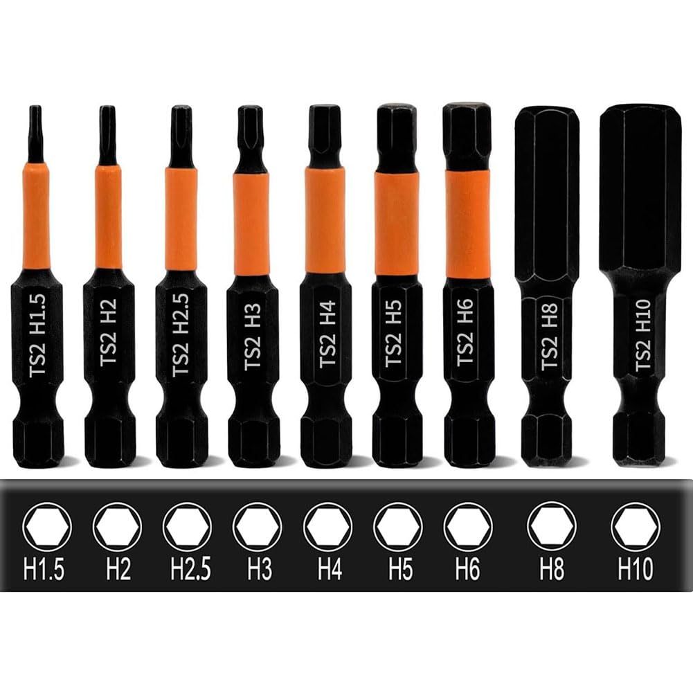 Teocpai 9pcs 50mm Allen Screwdriver Bit Set, 1.5mm-10mm S2 Steel Magnetic Hex Shank Bits, 1/4 Inch Shank