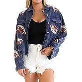 happlan Football Sequin Embroidery Rugby Cropped Frayed Hem Vintage Washed Corduroy Jacket Coat Shacket for Women